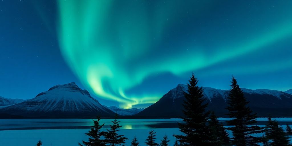 Grüne Nordlichter tanzen über isländischer Landschaft.