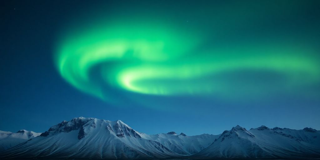 Grüne Nordlichter über schneebedeckter Winterlandschaft mit Bergen.