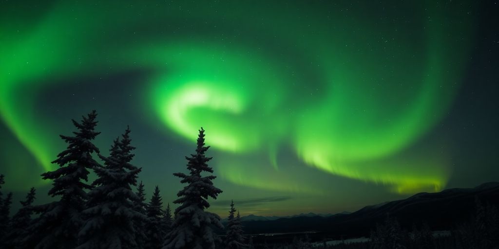 Grünes Polarlicht über winterlicher Landschaft mit Bäumen