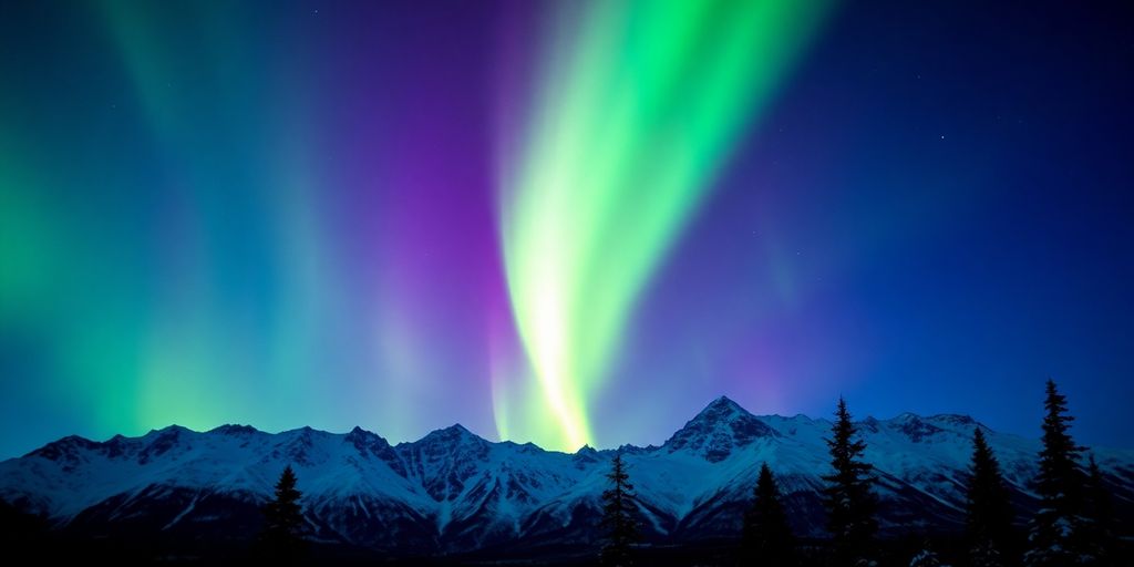 Nordlichter tanzen über verschneiten Bergen Alaskas.