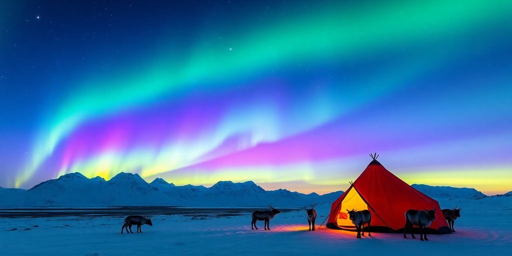 Nordlichter über samischer Winterlandschaft mit Rentieren.