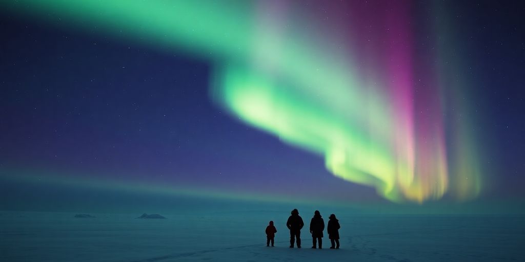 Nordlichter über eisiger arktischer Landschaft mit Inuit-Figuren.