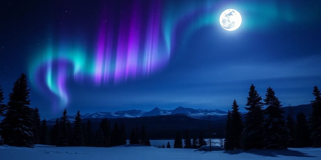 Nordlichter erhellen arktischen Nachthimmel über schneebedeckter Landschaft.