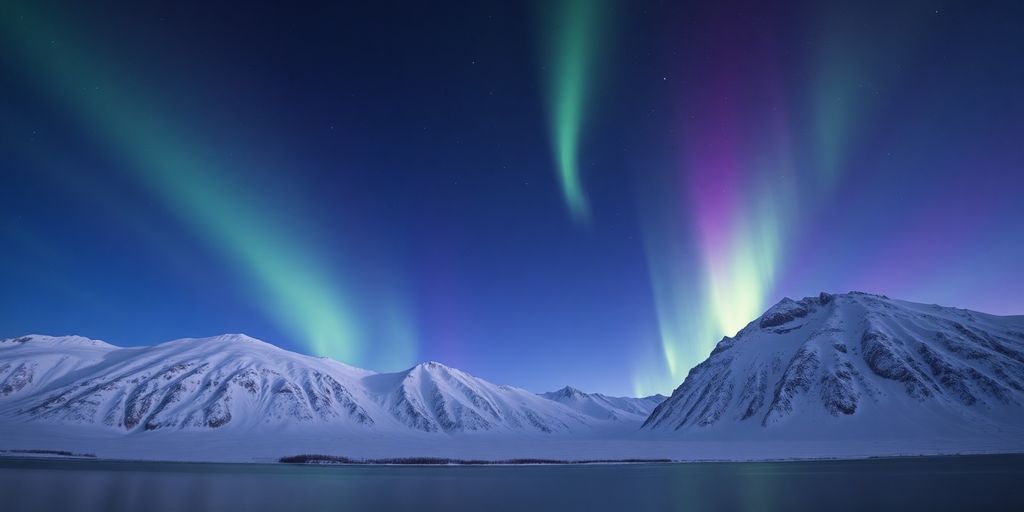 Grün und violett schimmerndes Polarlicht über verschneiter Landschaft.