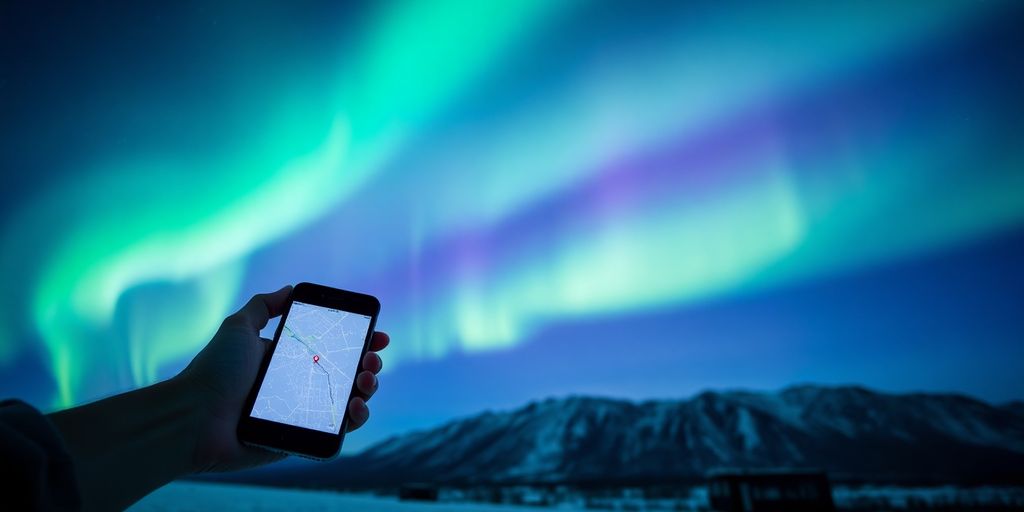 Nordlichter über verschneiter Landschaft mit Handy-App