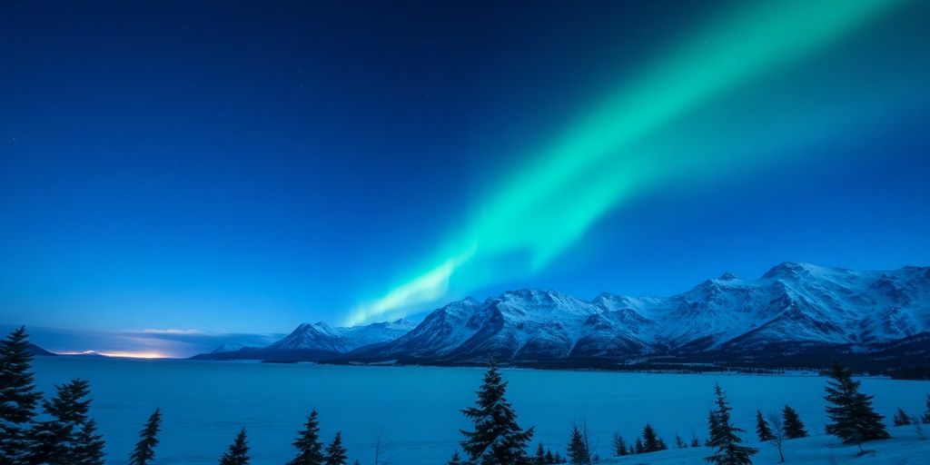 Grüne Nordlichter über norwegischer Winterlandschaft mit Bergen