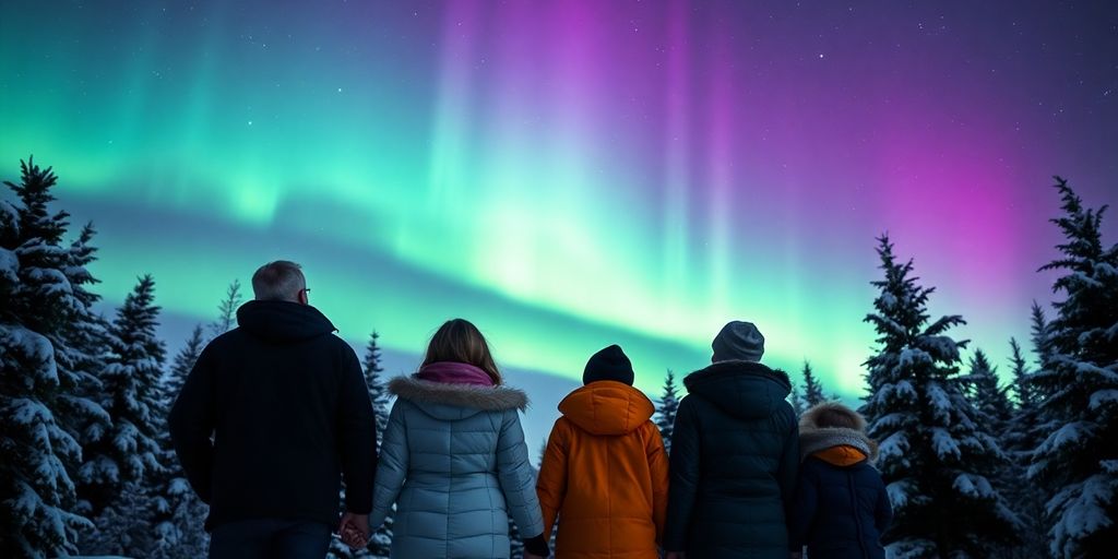 Familie unter Nordlichtern, staunend, warm gekleidet, kalte Nacht.