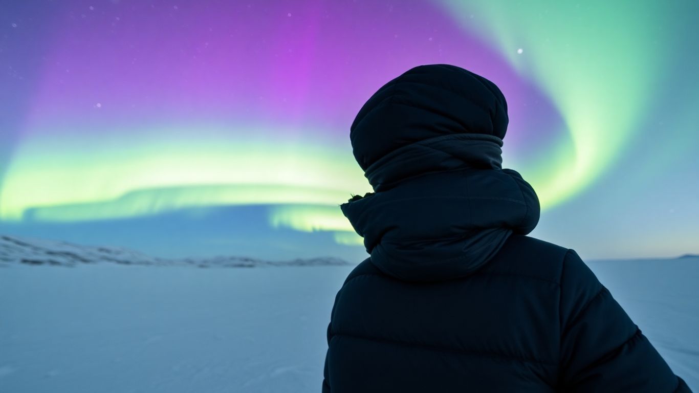 Kleidung und Nordlichter in verschneiter Landschaft