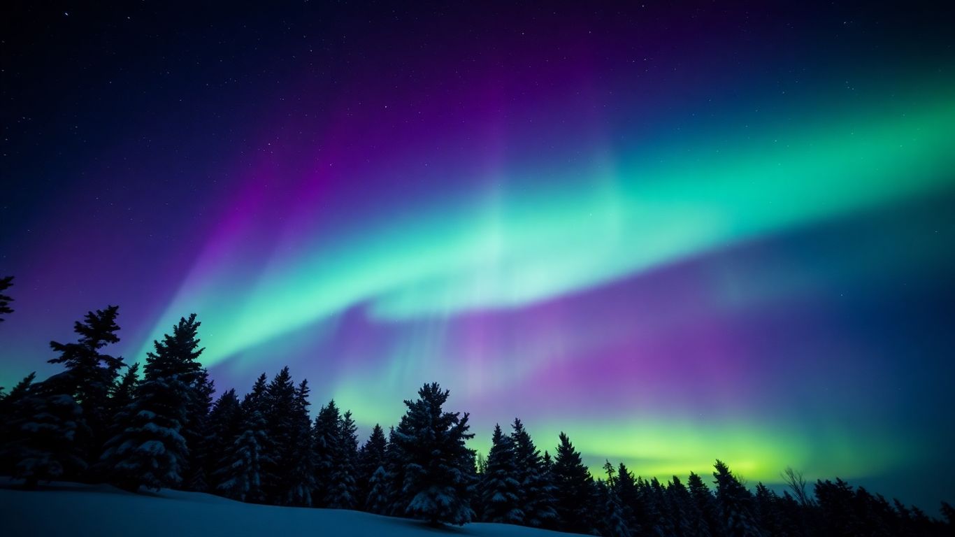 Nordlichter über verschneiten Bäumen am Nachthimmel.