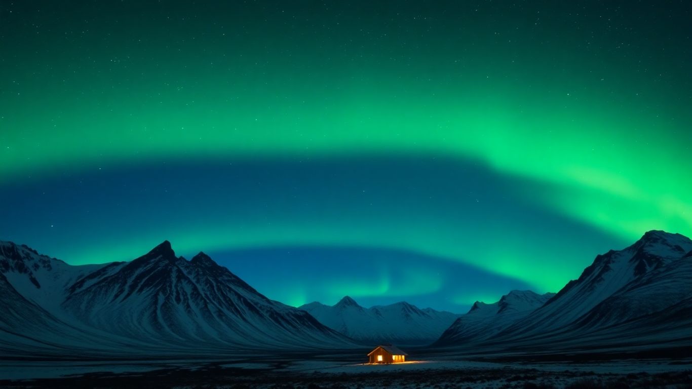 Nordlichter über isländischer Berglandschaft bei Nacht.