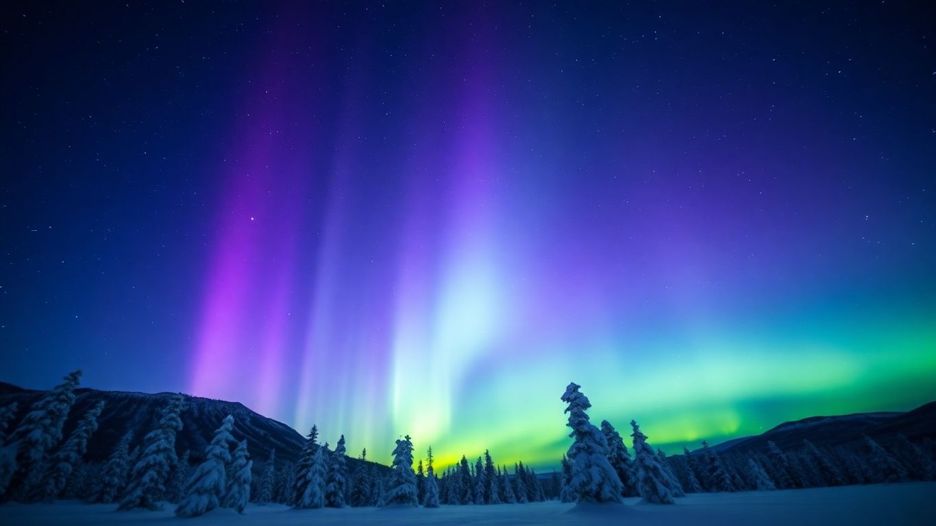 Nordlichter über verschneiten Bäumen und Bergen