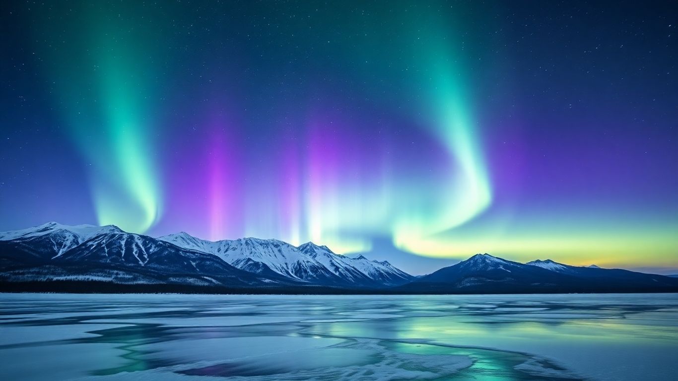 Nordlichter über einer verschneiten Berglandschaft und einem See.