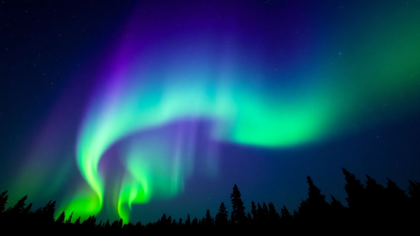Nordlichter über einer dunklen Waldlandschaft am Nachthimmel.