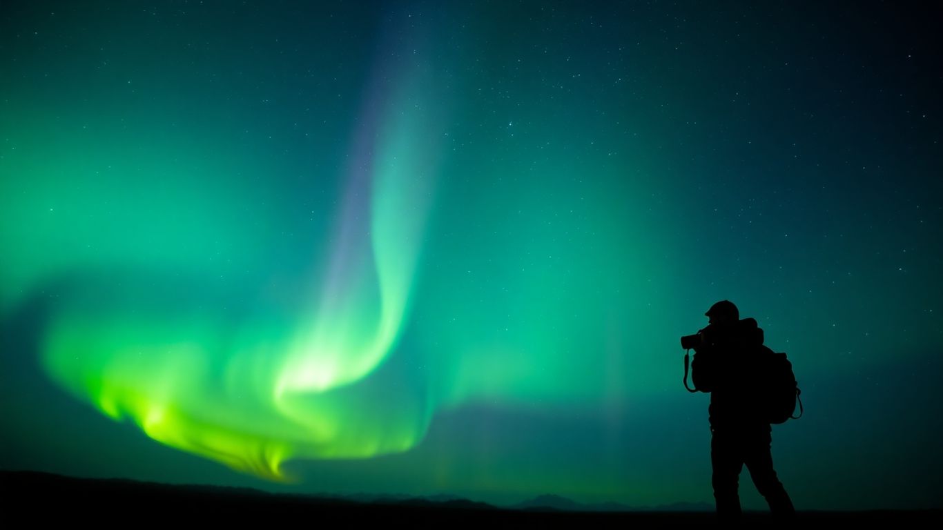 Nordlichter und Fotograf mit Kamera im Sternenhimmel